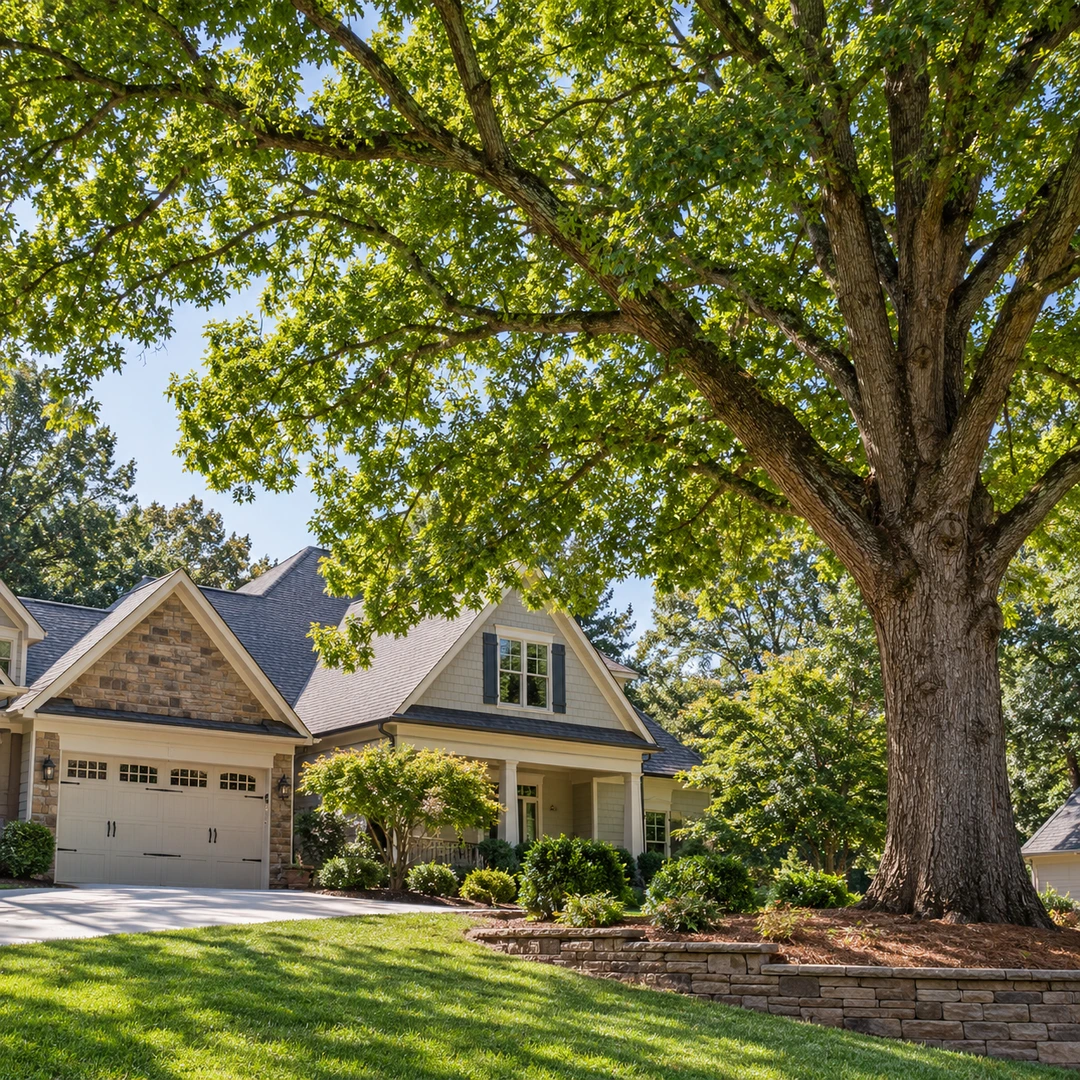 Healthy tree canopy beside a lawn and garage