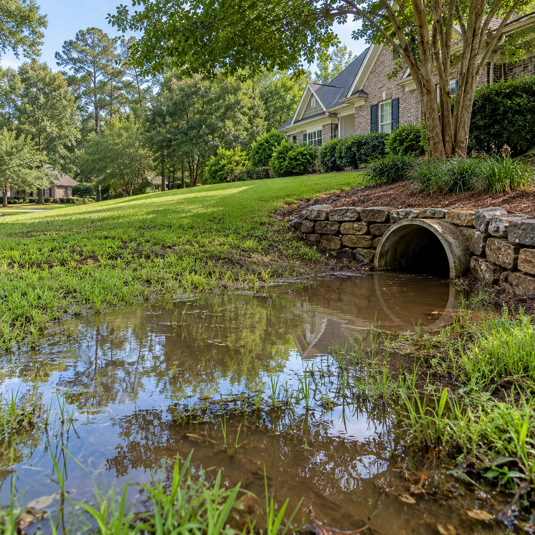 Standing water in a low lawn near a drain outlet