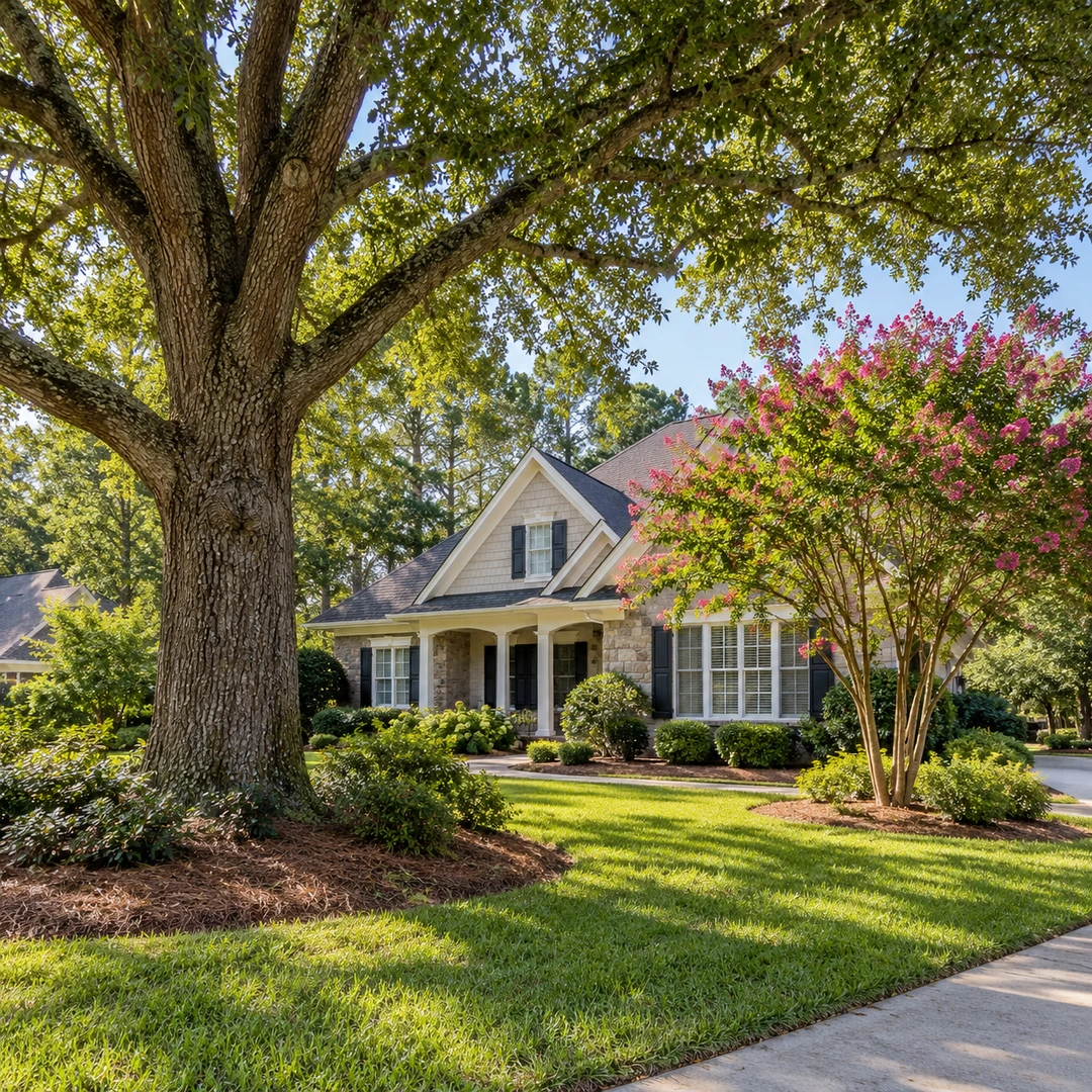 Large shade tree beside a small ornamental tree
