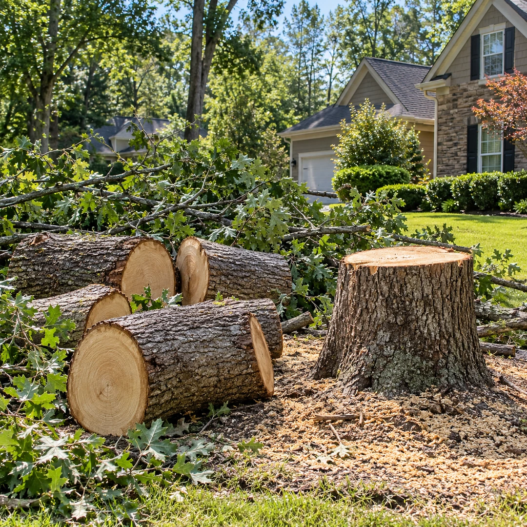 Cut logs and branches beside a remaining stump