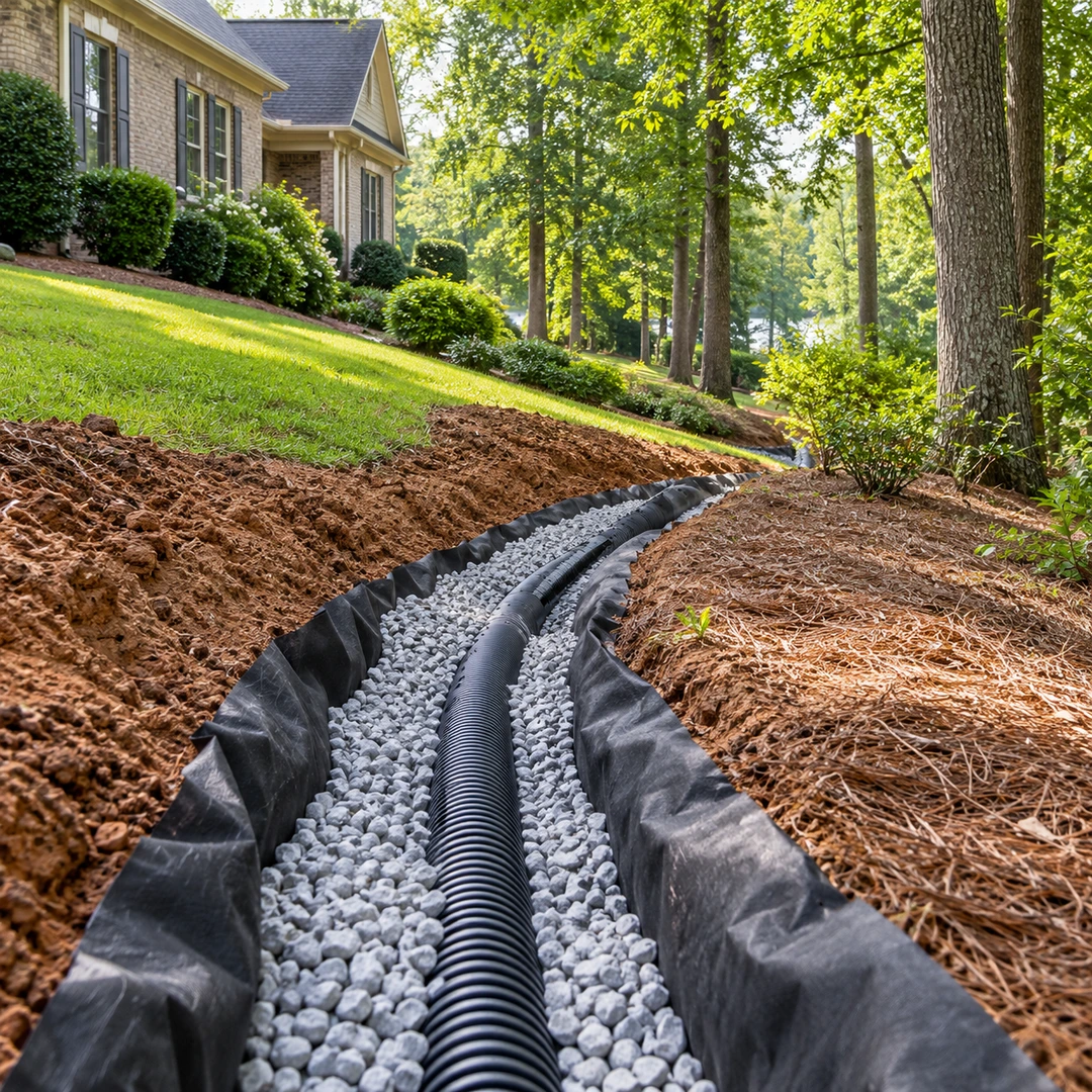 French drain trench with fabric, gravel and pipe