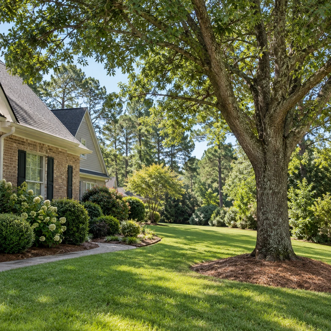 Mature tree beside a house and side lawn