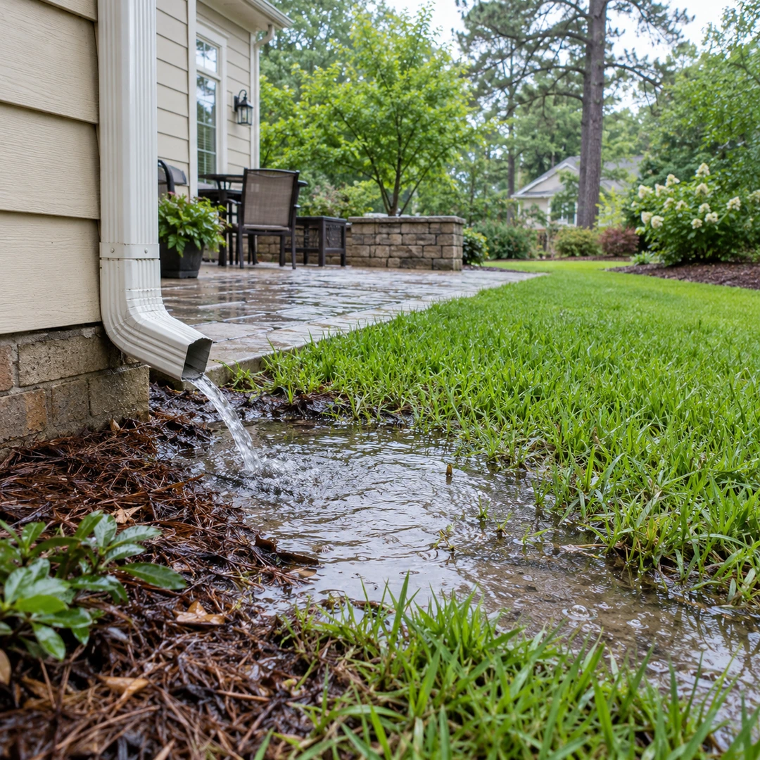 Downspout water pooling beside a lawn and patio