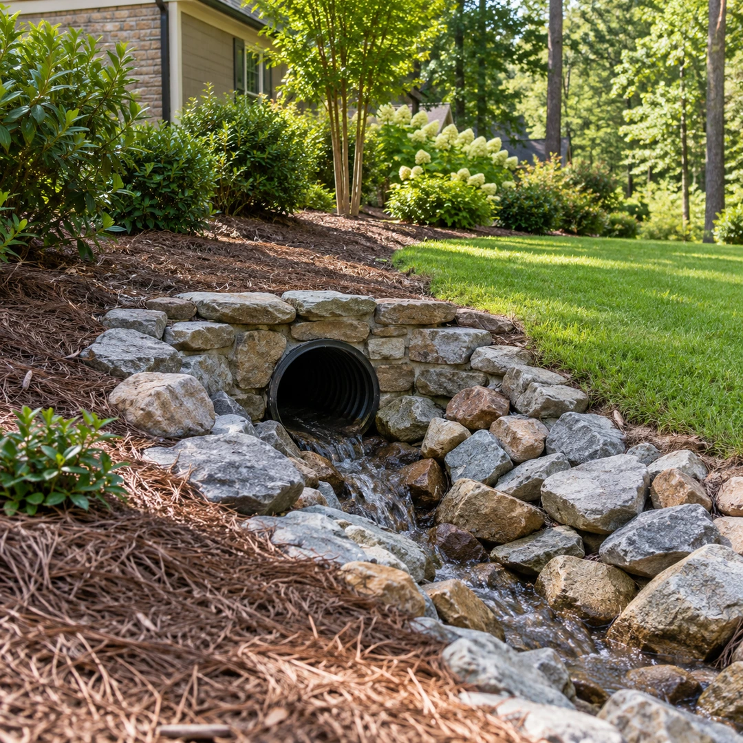Stone protected drain outlet beside lawn and shrubs