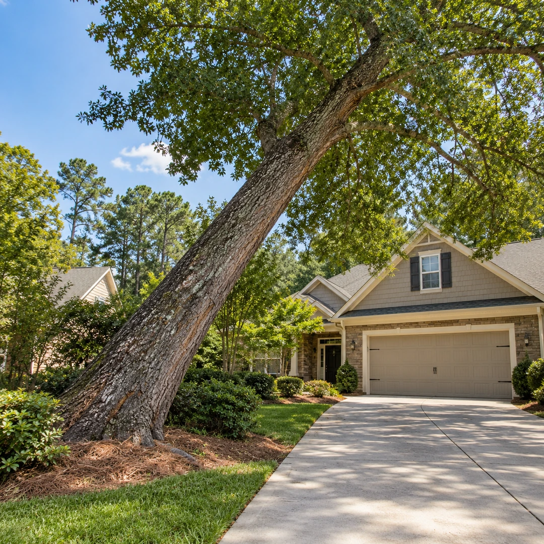 Leaning tree beside an empty driveway