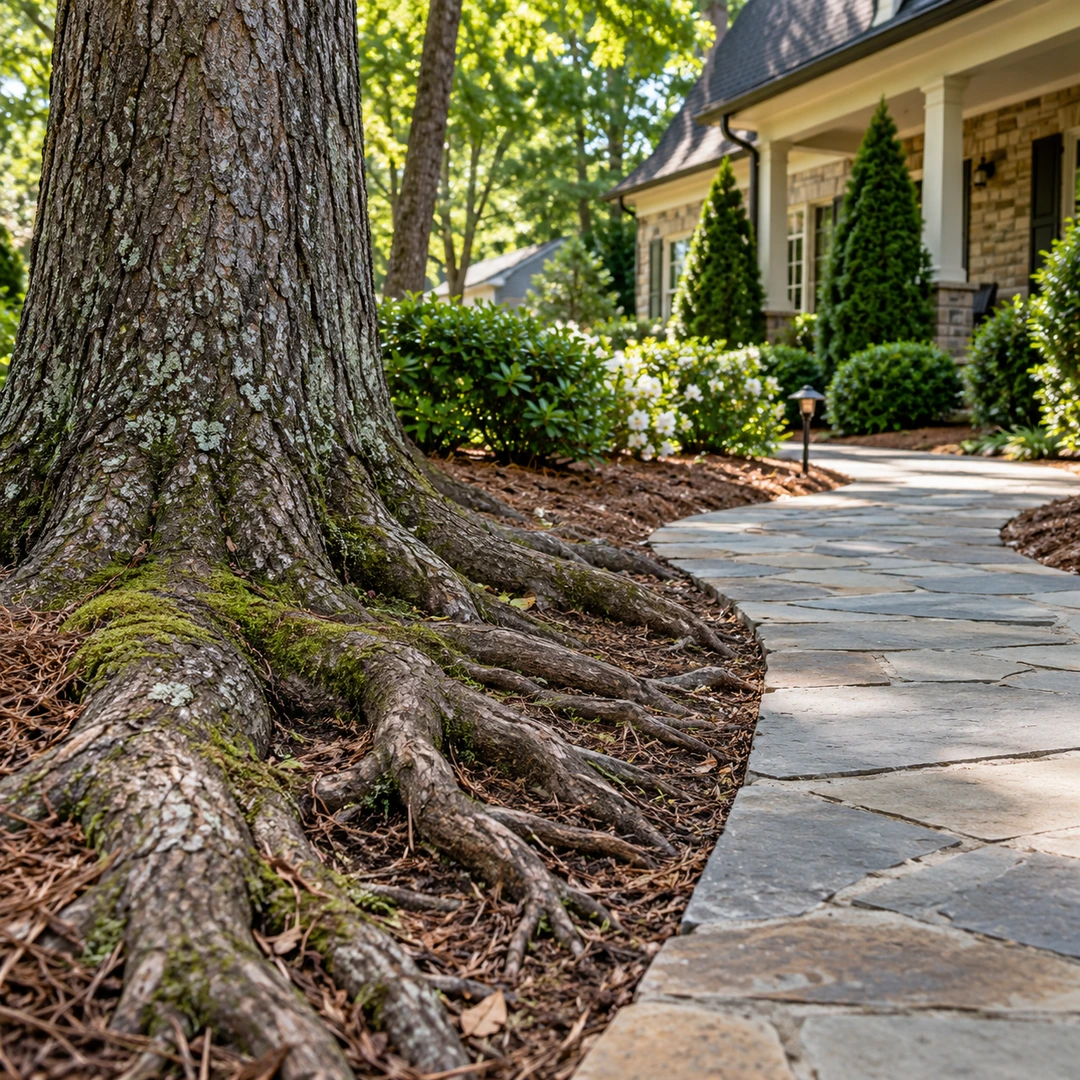 Tree roots beside a stone walkway