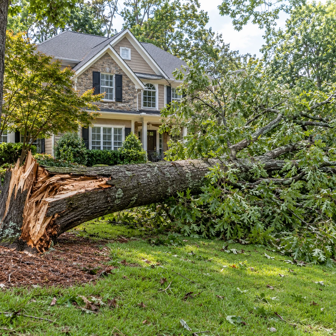 Storm broken tree lying in a residential yard