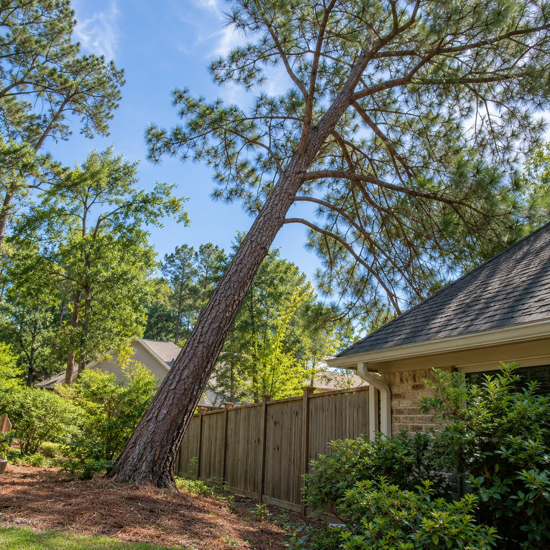 Angled tree beside a fence and house