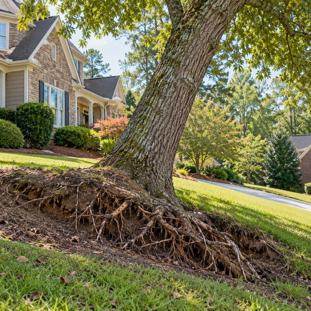Leaning trunk with exposed roots in a lawn