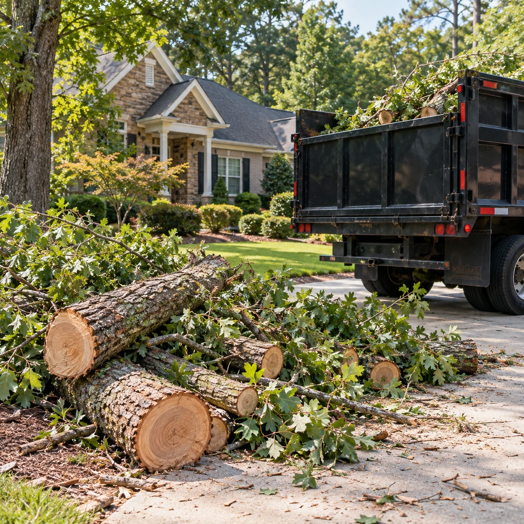 Cut logs and branches beside a haul truck