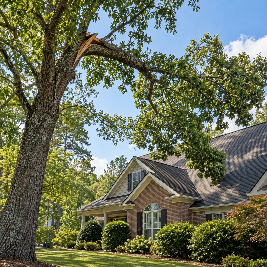 Broken tree limb above an empty roof and lawn