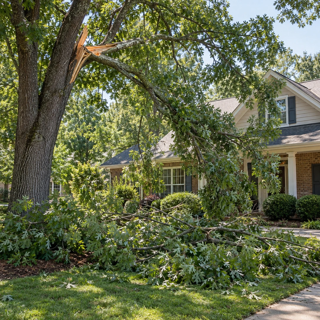 Fallen branches beneath a visibly damaged tree