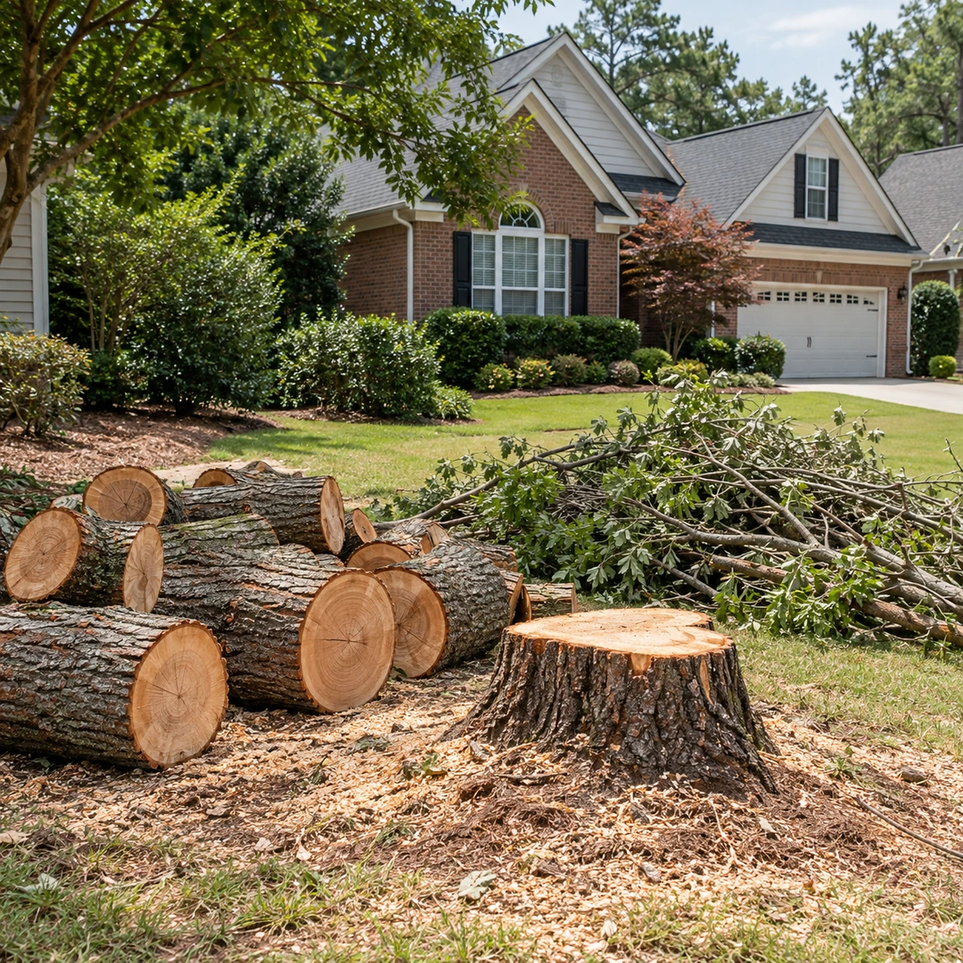 Cut trunk sections and branches beside a stump