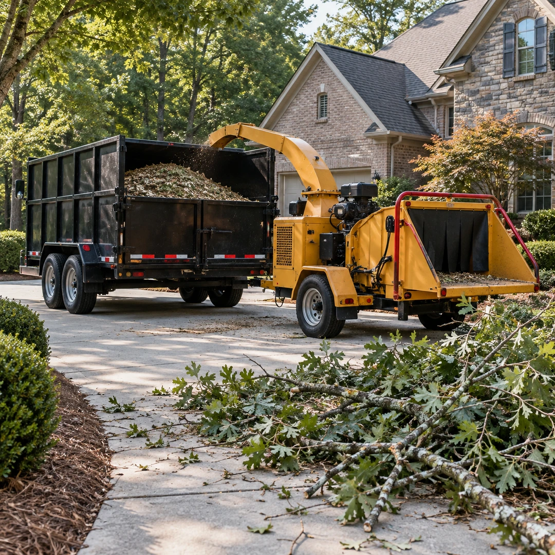 Debris trailer and wood chipper on a driveway