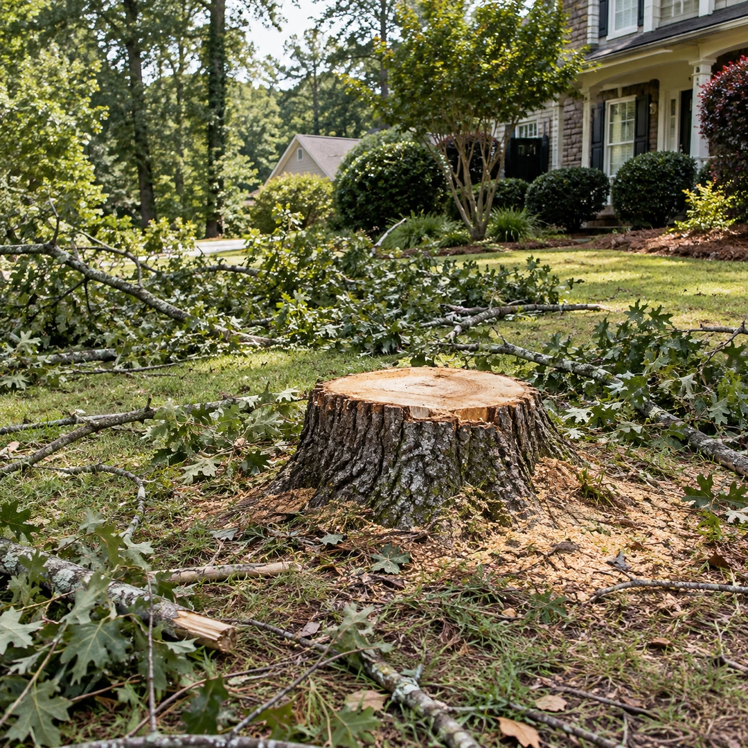 Remaining stump with scattered storm branches