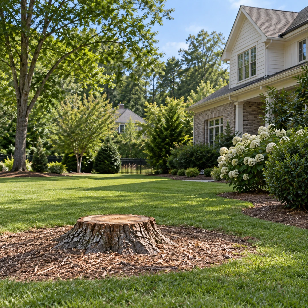 Cleared tree work area with a low stump