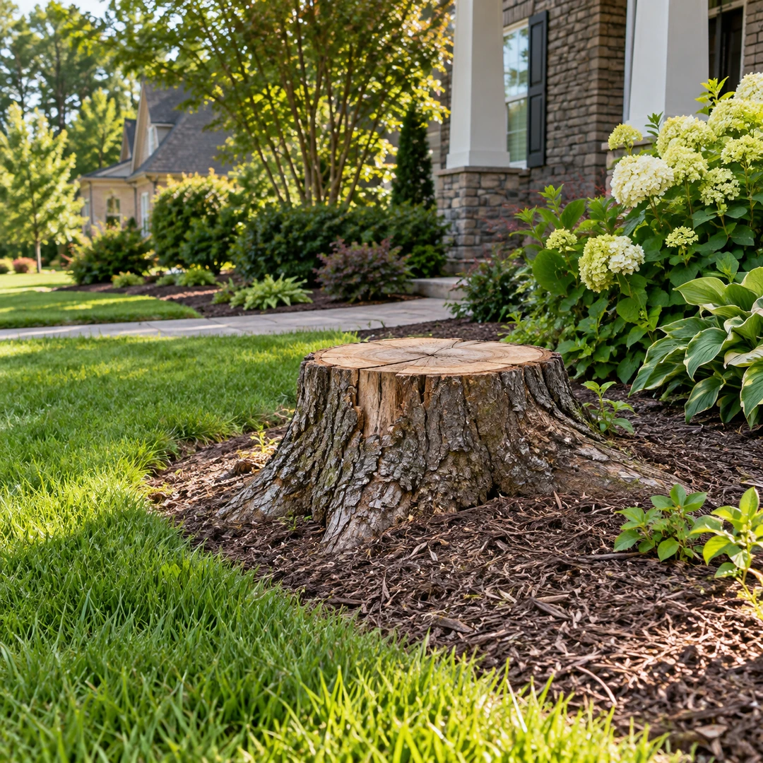 Low stump bordered by lawn and a garden bed
