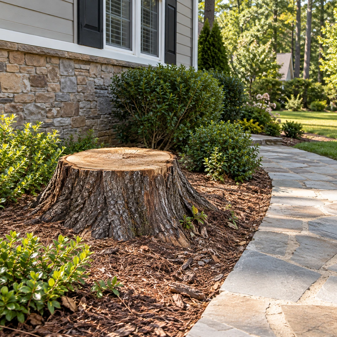 Stump beside a house and stone path