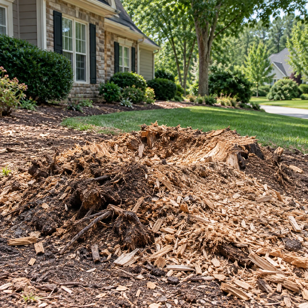 Wood chips and root fragments after stump grinding