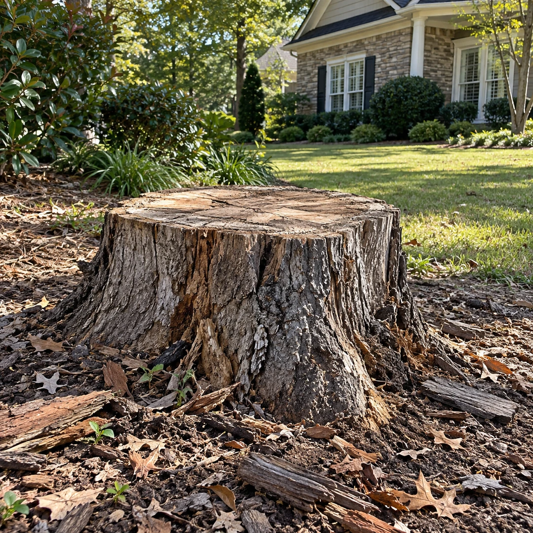 Weathered stump with loose bark and fallen leaves