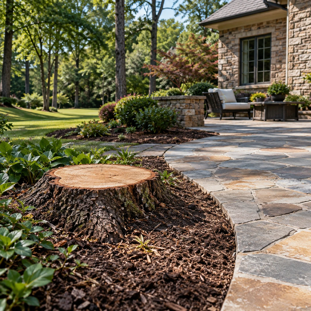 Low stump beside a stone patio