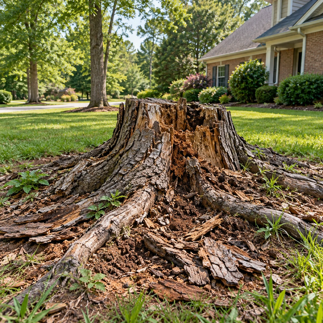 Decaying stump with loose bark and exposed roots