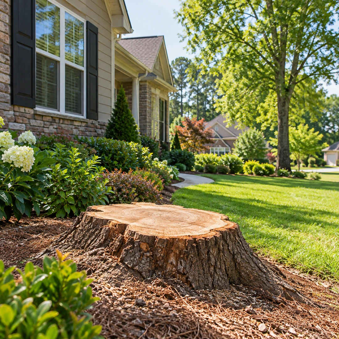 Old stump beside a landscaped residential lawn
