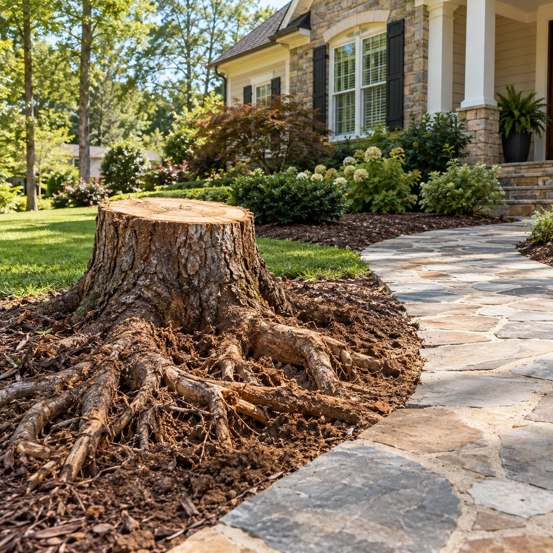 Stump and roots beside a stone walkway