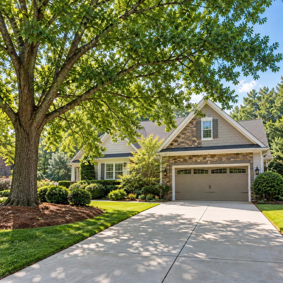 Intact leafy branches above an empty driveway