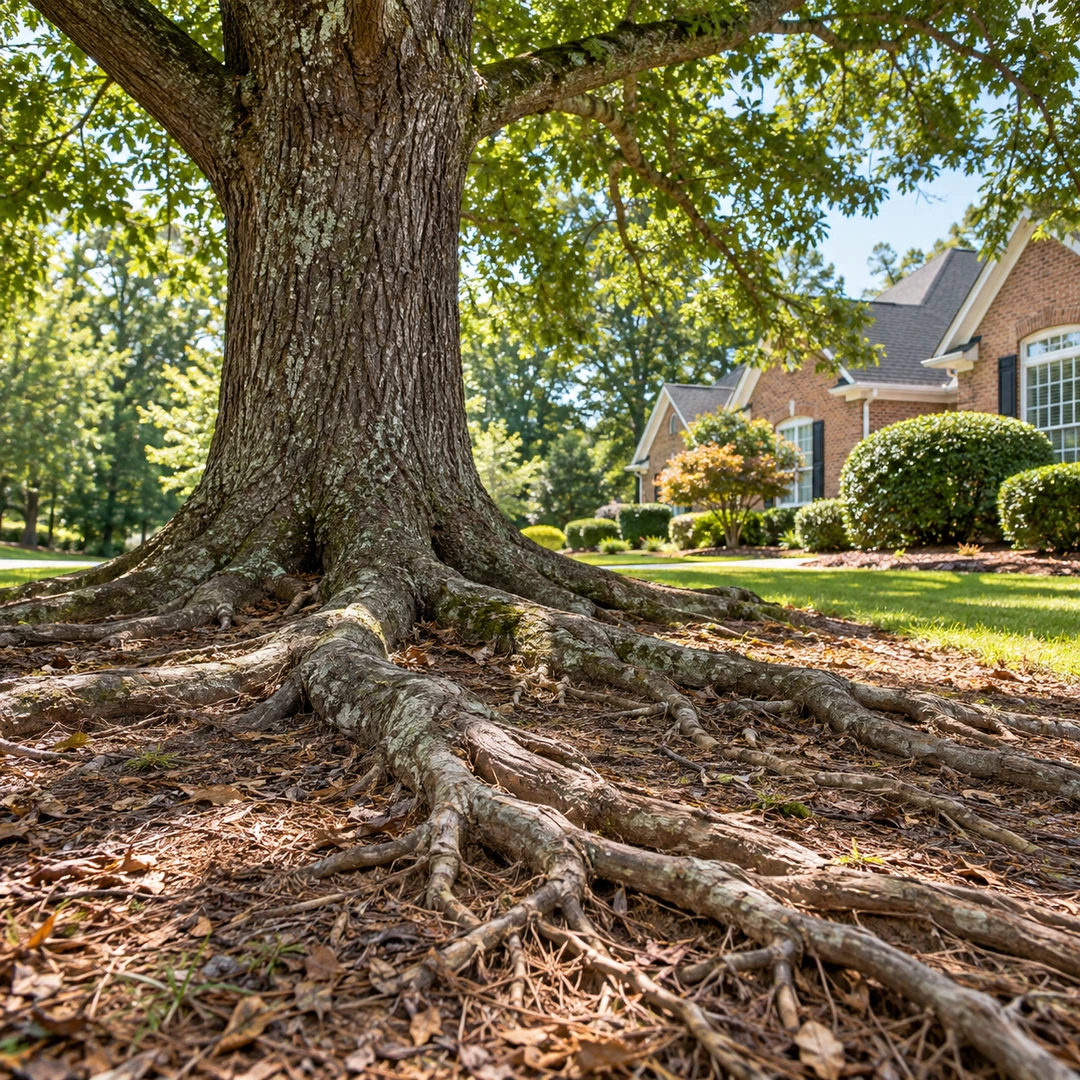 Surface roots beneath a mature shade tree