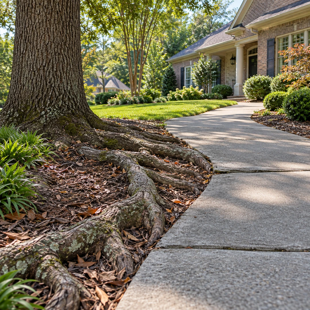 Surface roots bordering a concrete walkway