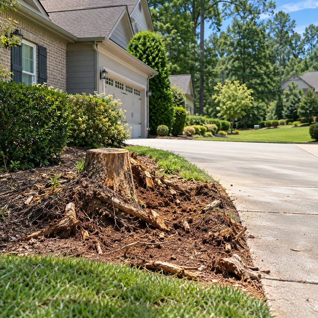 Stump and root fragments beside a driveway