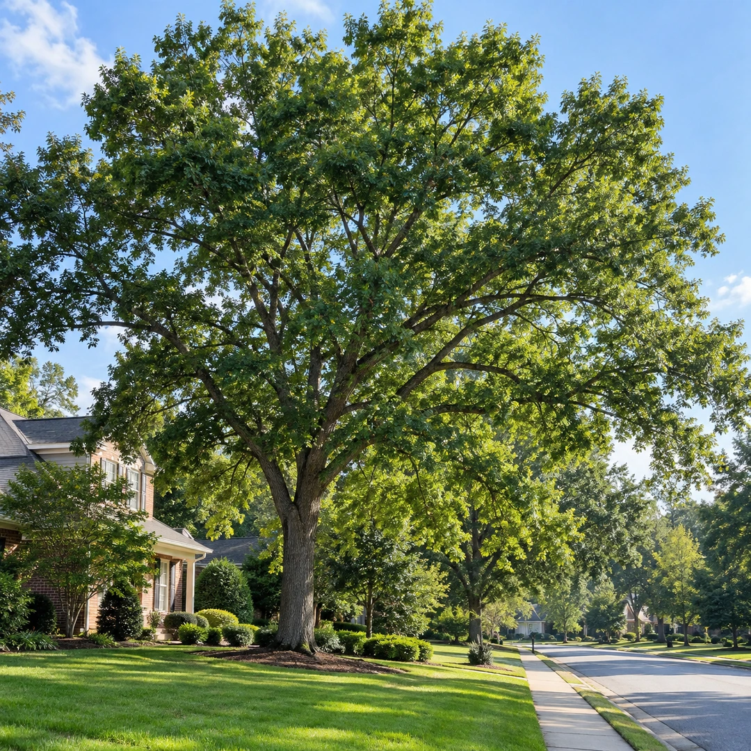 Full tree canopy beside a residential street