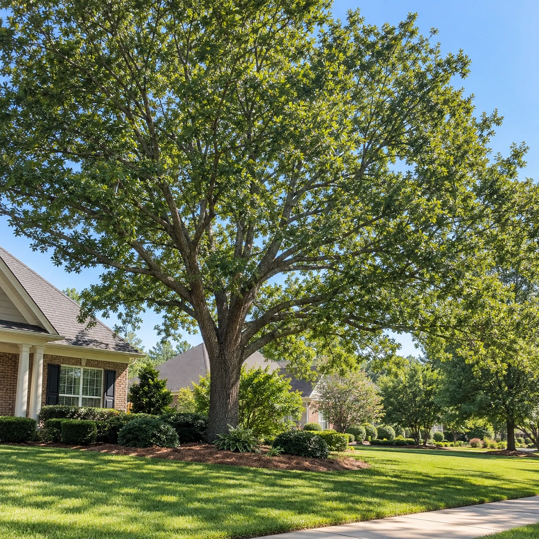 Broad intact tree crown beside a lawn