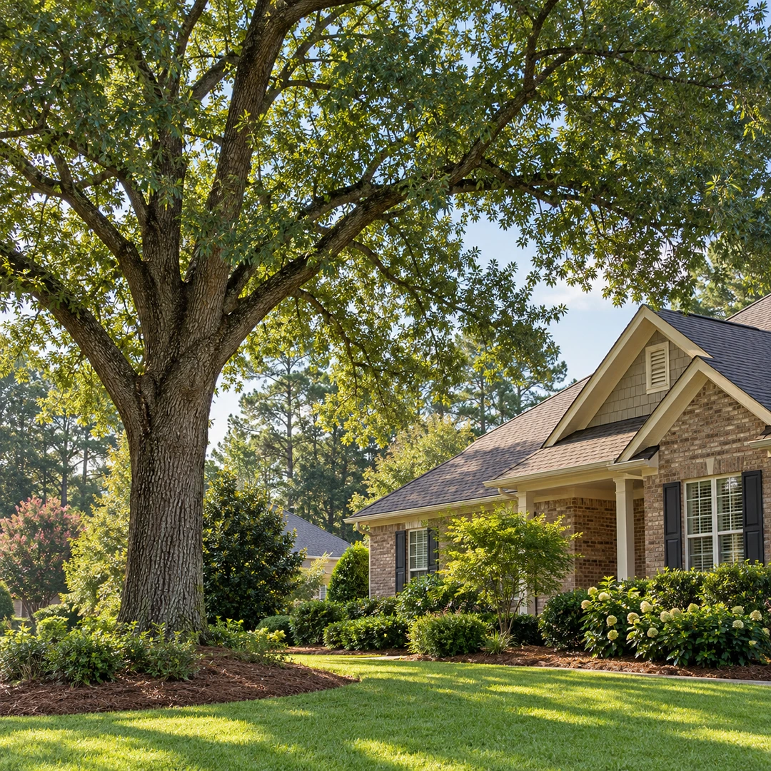 Mature tree beside a roof and planted lawn