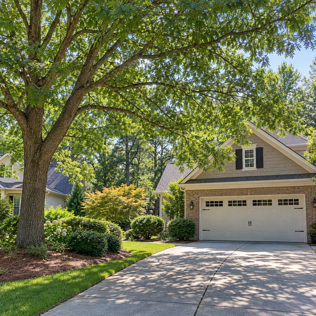 Leafy branches above a driveway and garage
