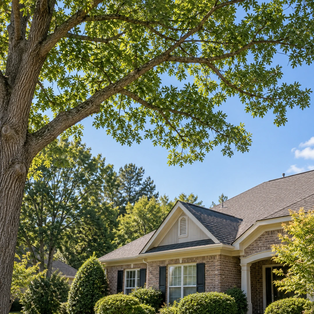 Healthy branch clear of a house roof