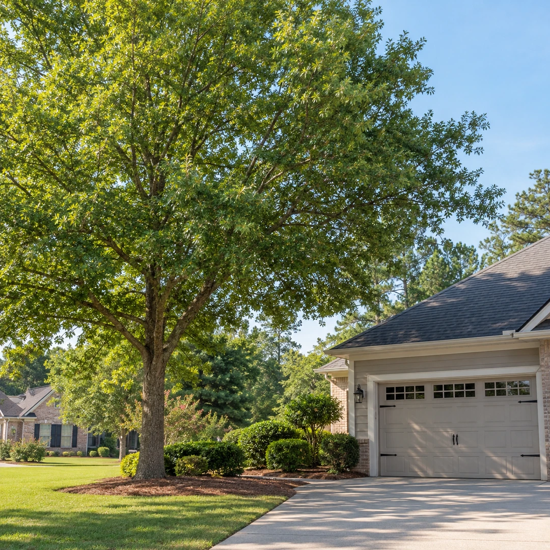 Intact tree beside a garage roof