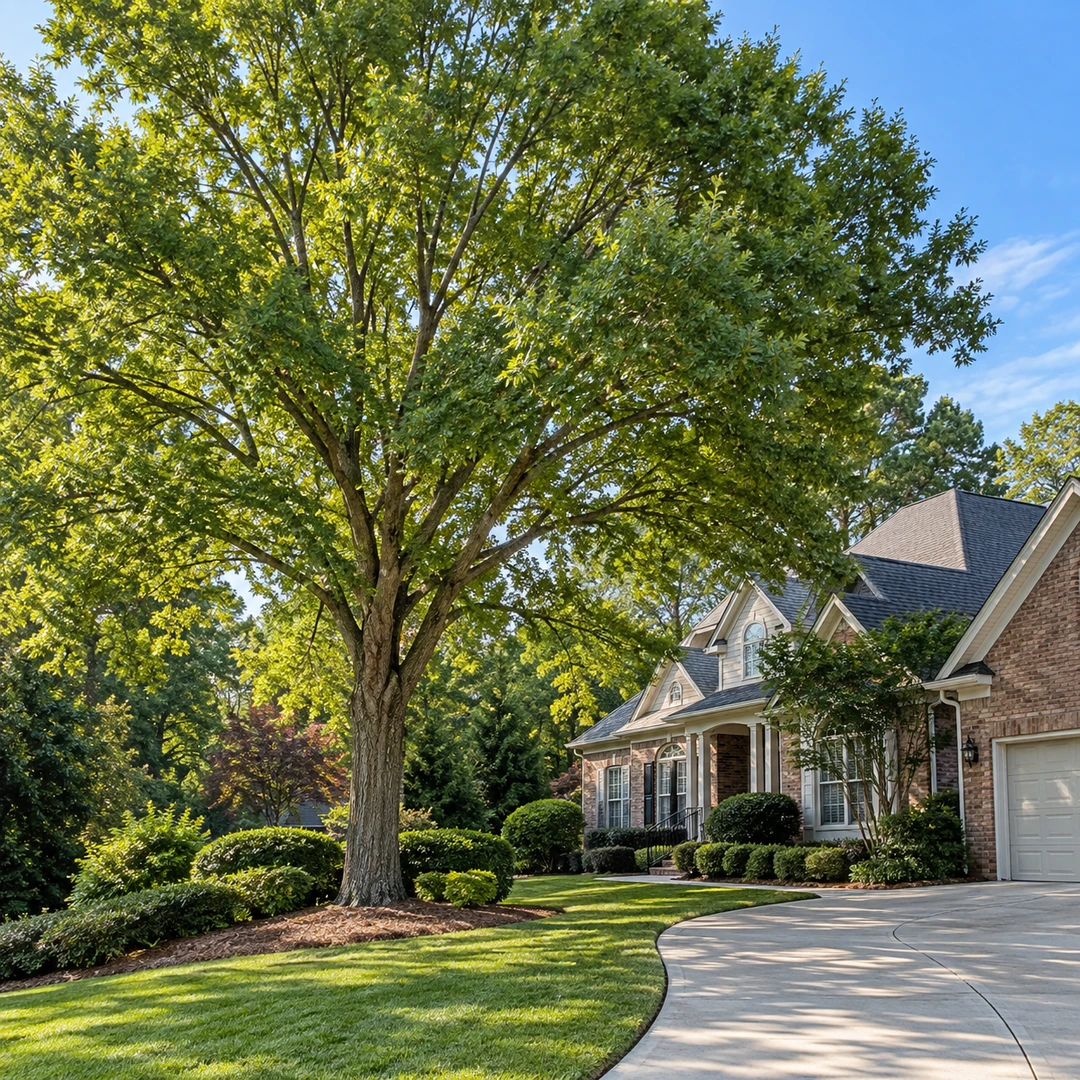Intact tree crown beside a curved driveway