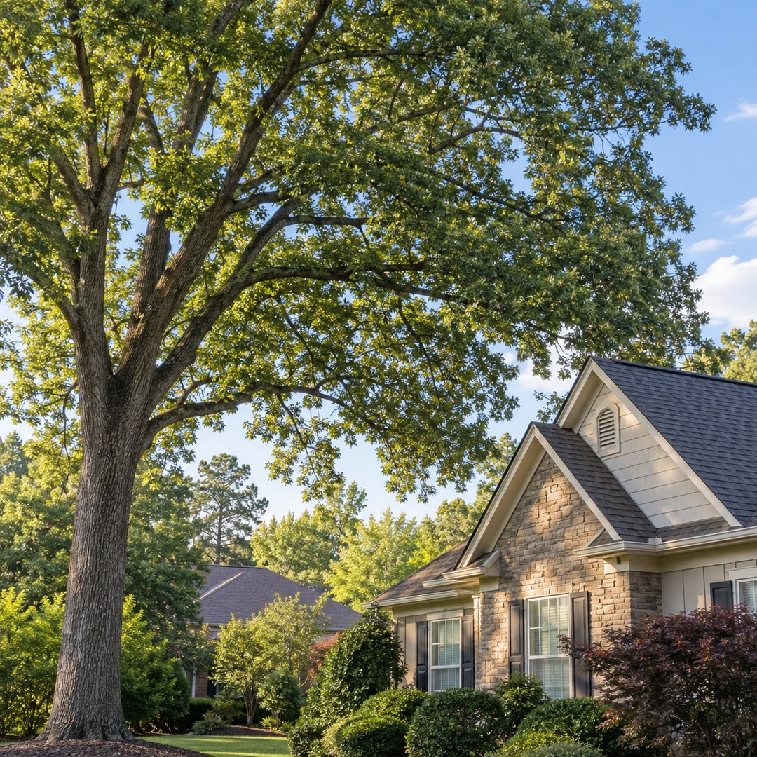 Mature tree beside a separated roofline