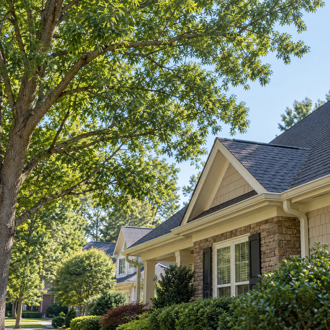 Leafy branches with clearance above gutters