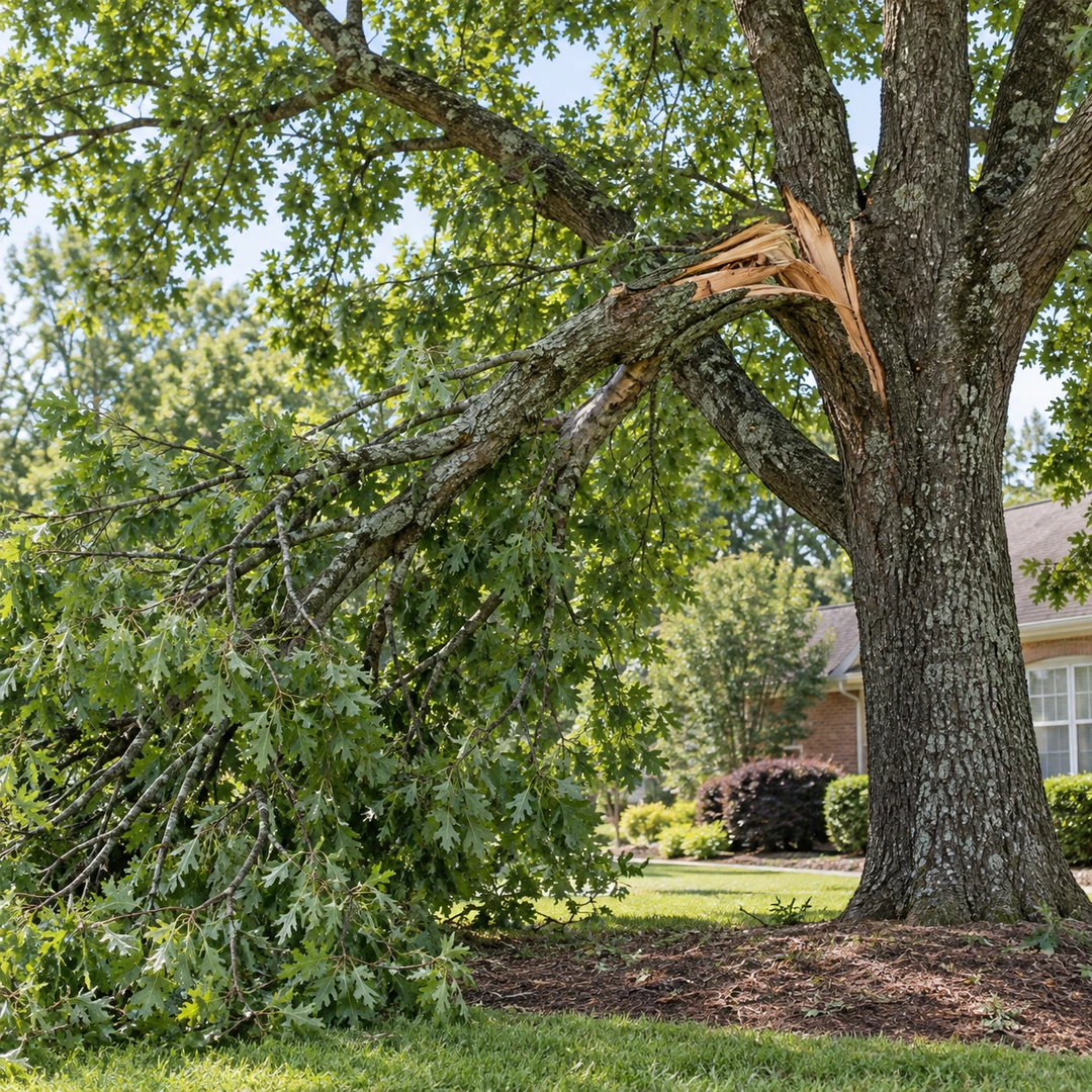 Split hanging branch within a mature tree
