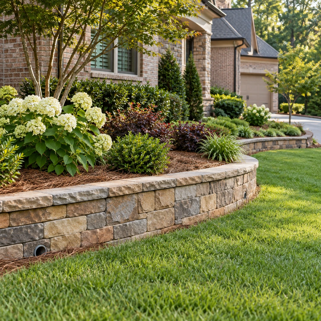 Low curved wall supporting a planted bed