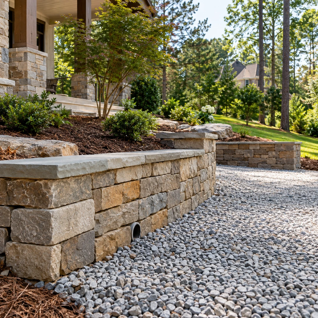 Landscape wall beside a gravel work area