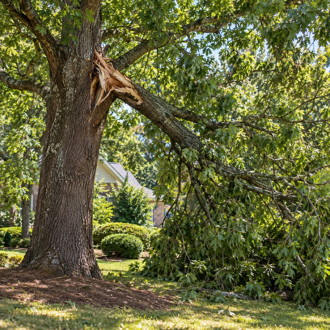Split hanging branch within a mature tree