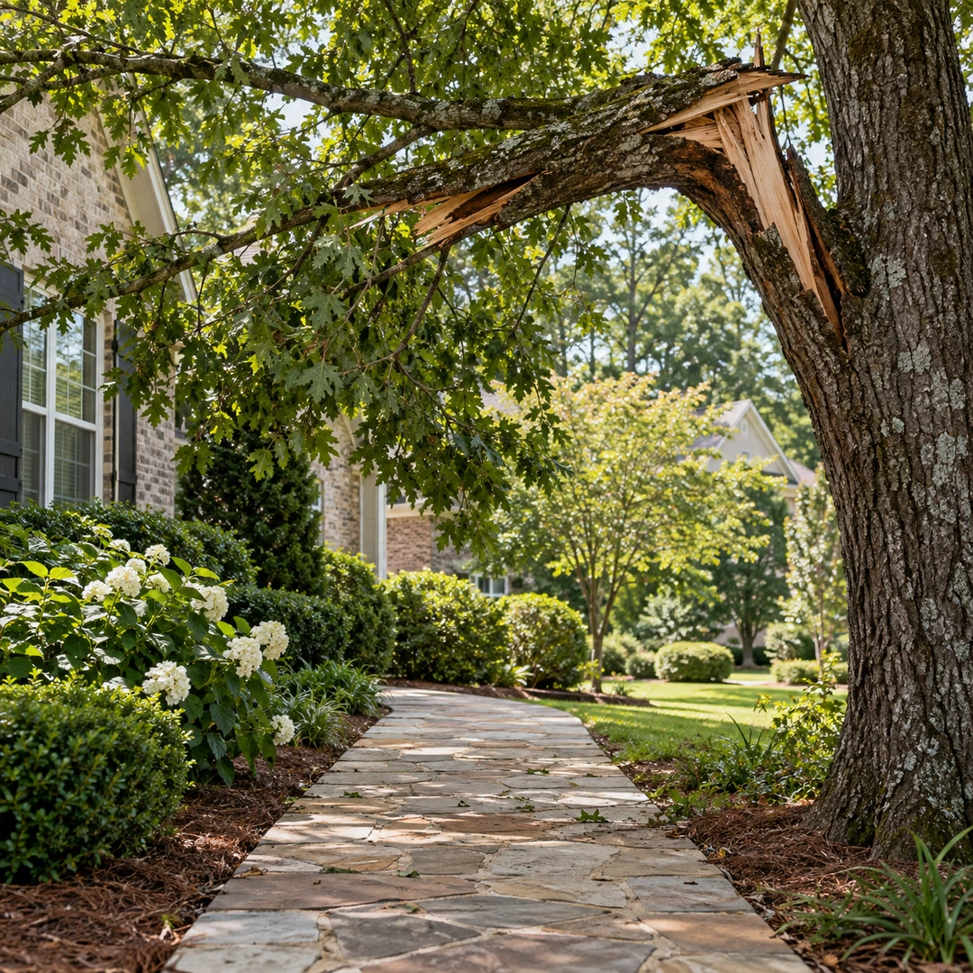 Empty walkway beneath a damaged branch