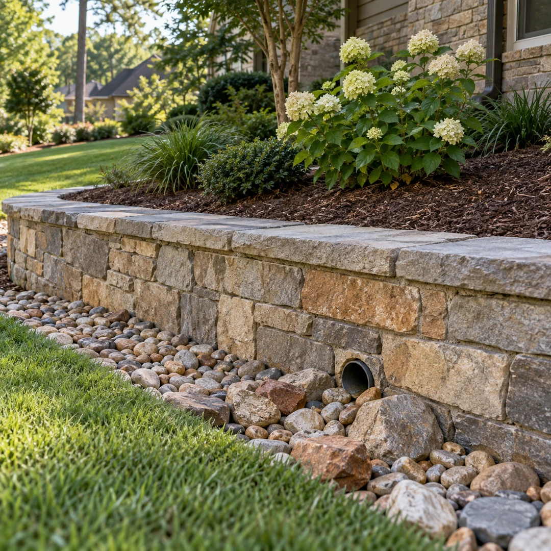 Low wall with an open drain outlet protected by stones