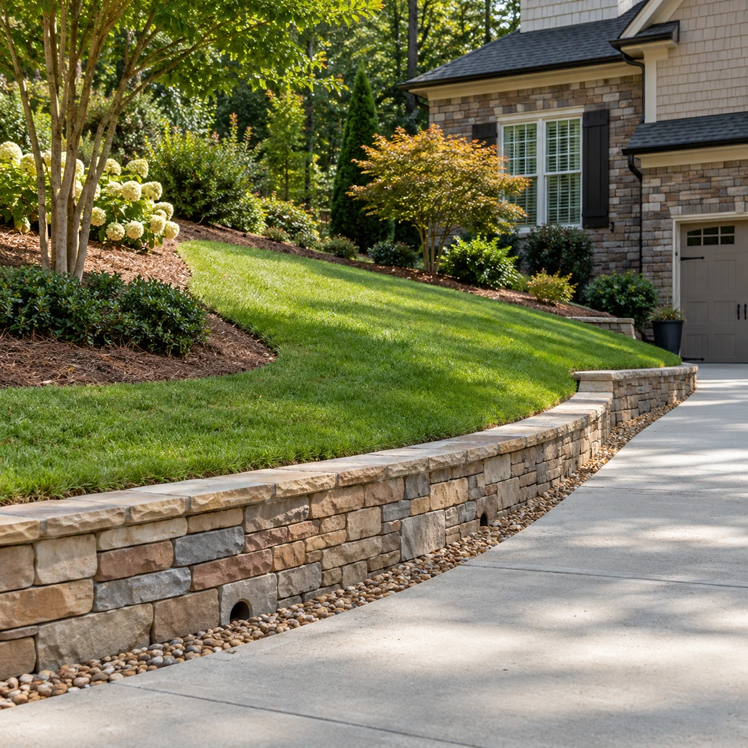 Low wall supporting a sloped lawn
