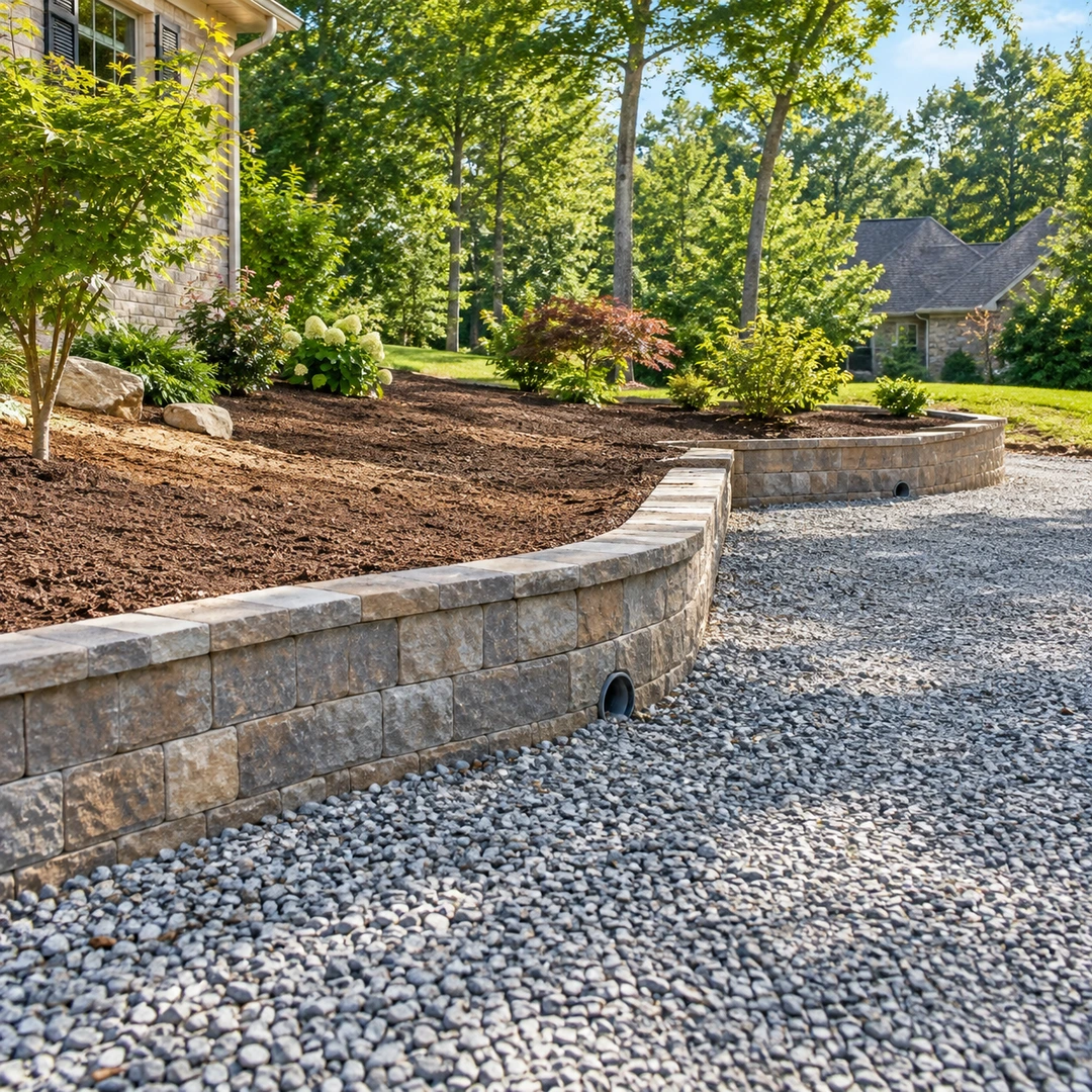 Prepared ground beside a wall and gravel