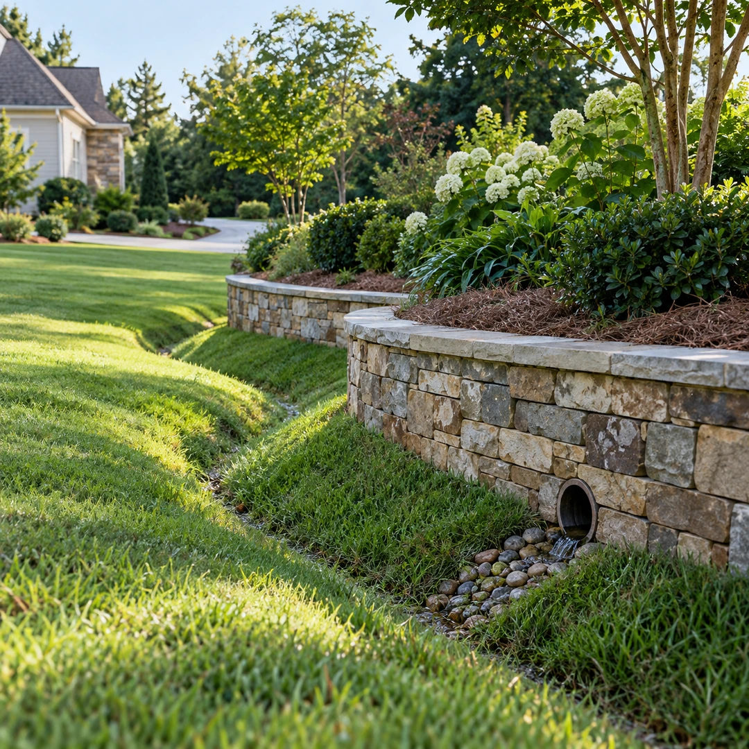 Grass swale around a finished low wall